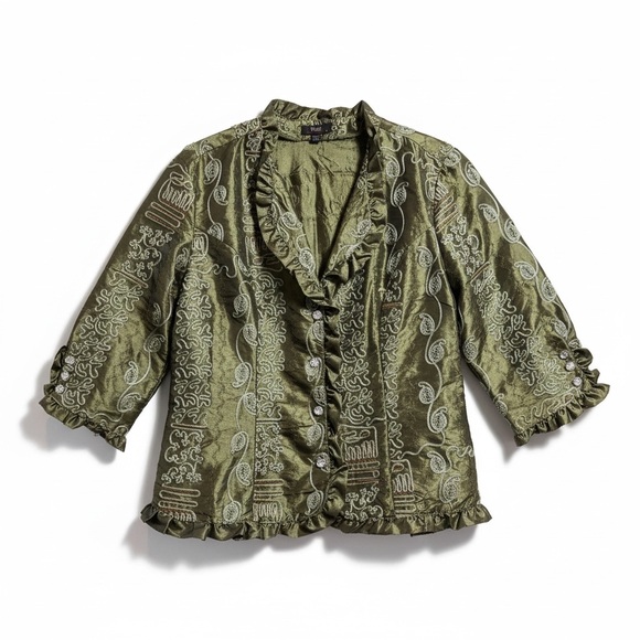 Olive Green Textured Cocktail Jacket with Ruffle Trim - Picture 4 of 8